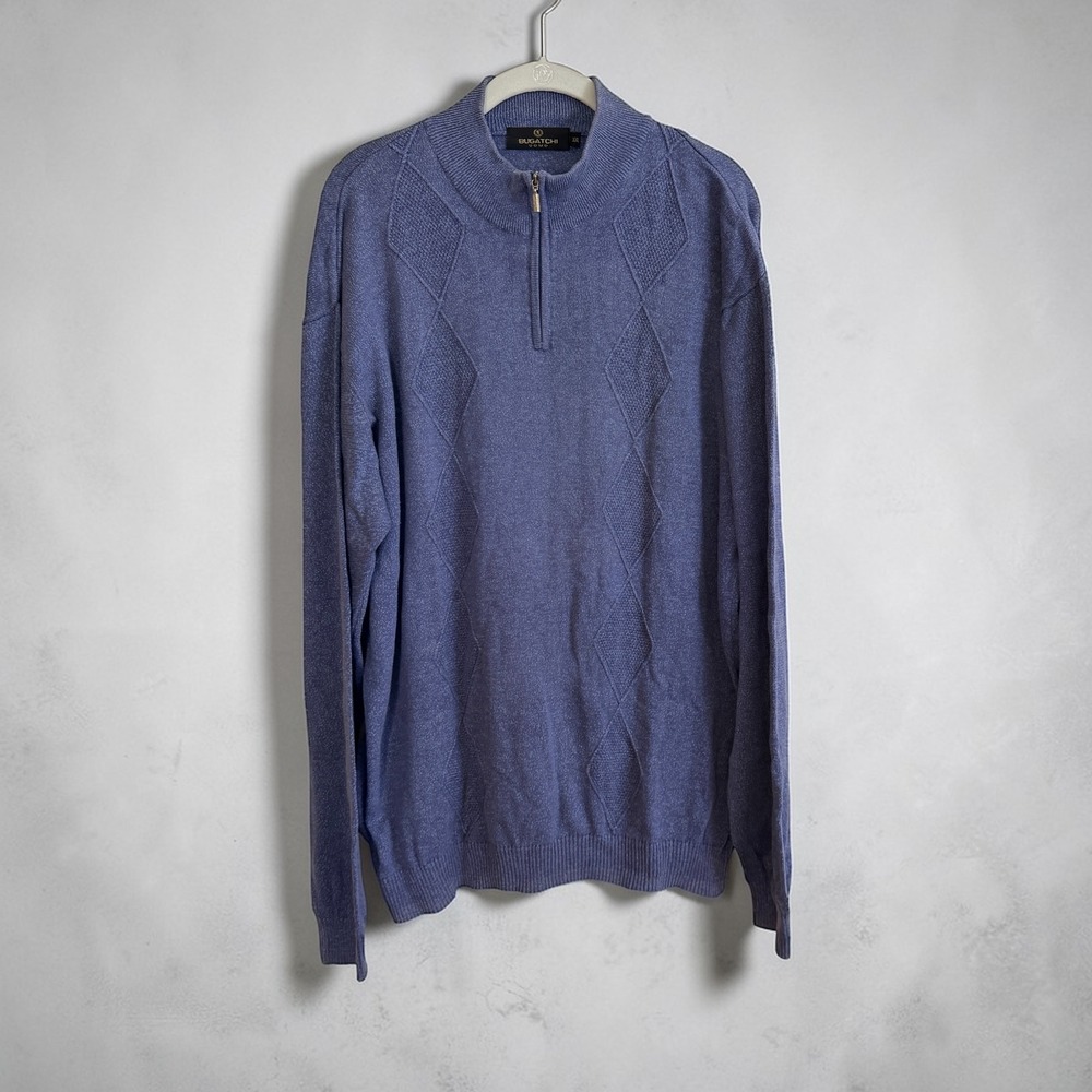Bugatchi Uomo Sweater Mens XXL Blue Silk Cotton Quarter Zip Diamond Pullover
